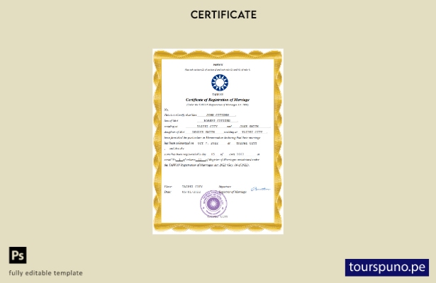 listo para imprimir certificado de matrimonio de Taiwán Plantilla en Word y PDF